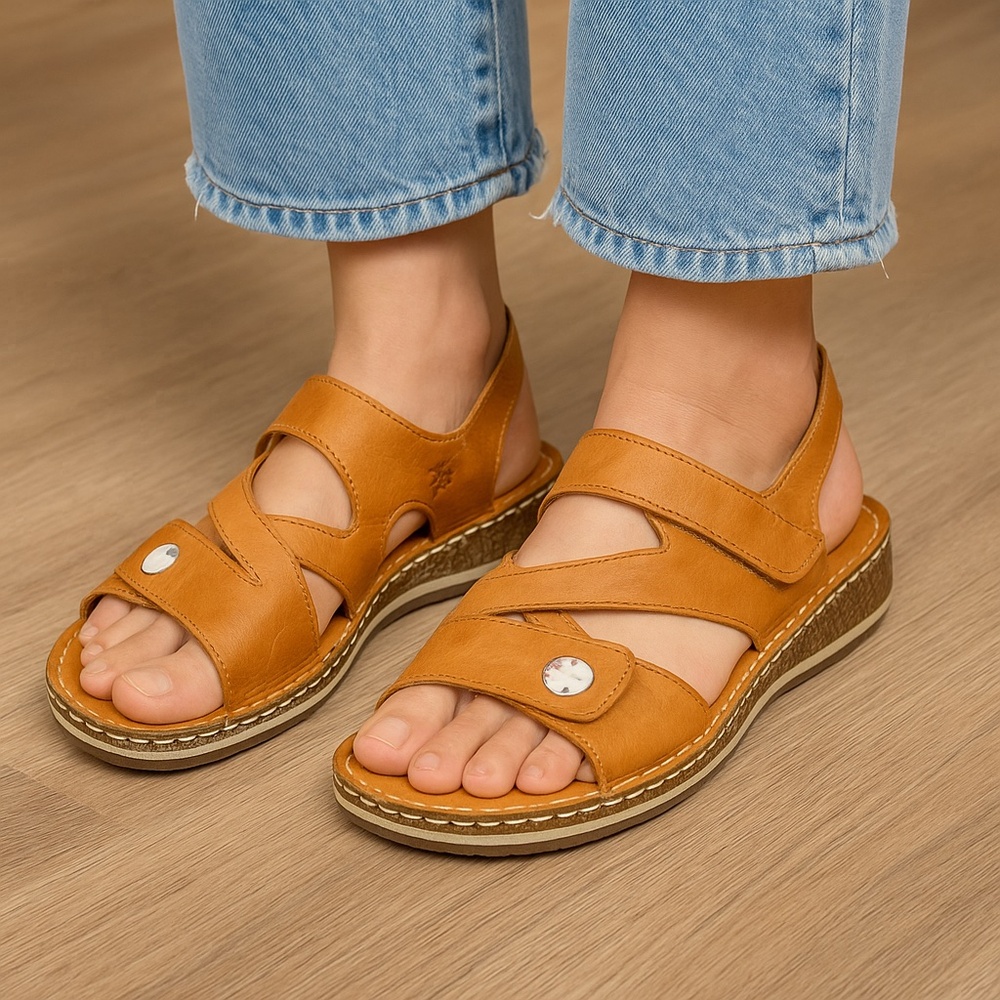 VOLKS WALKERS Tan Leather Velcro Cork‎ Sandals Handmade Comfort Boho 38
